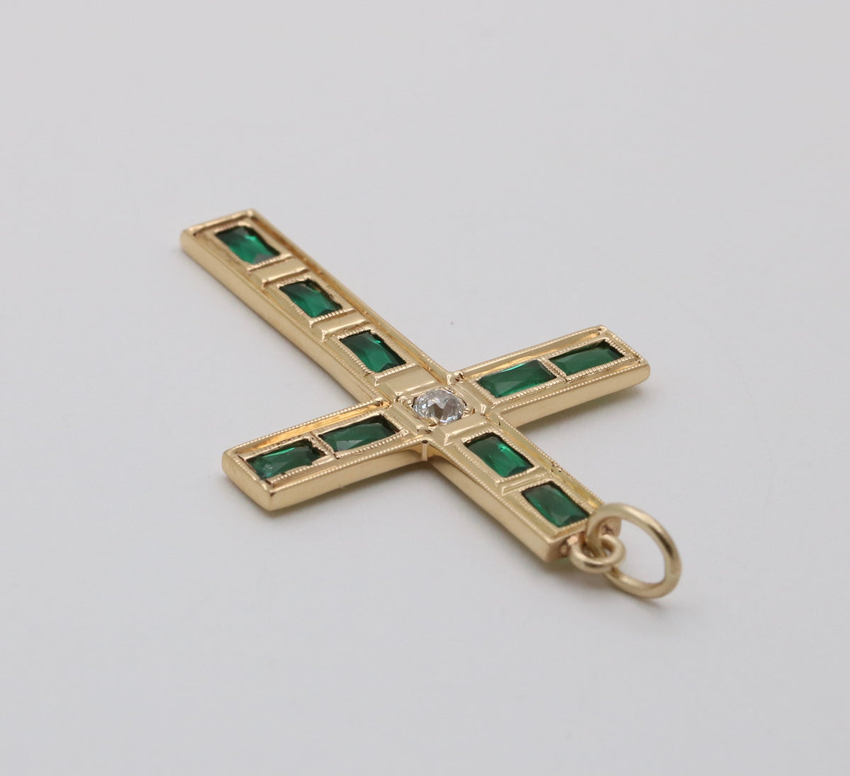 Vintage 18K Gold, Diamond and Synthetic Emerald Cross Pendant