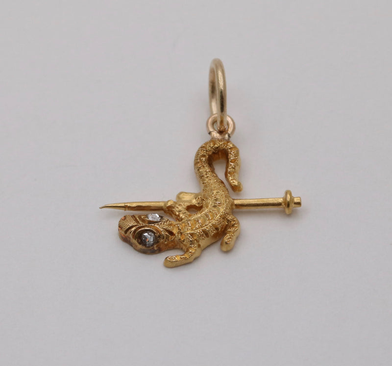 Victorian 14K Gold and Rose Cut Diamond Lizard Charm