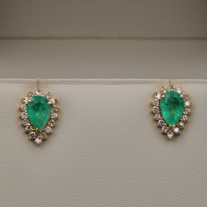 1.6 Carat Pear Shape Emerald and Diamond Stud Earrings