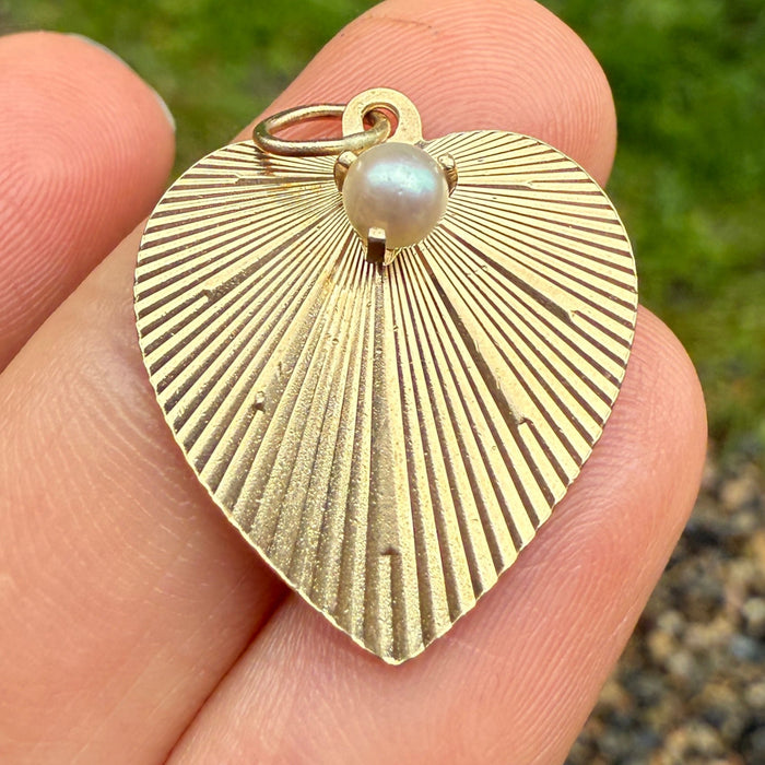 Vintage 14K Gold and Pearl Engine Turned Heart Charm