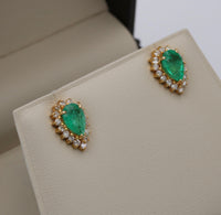 1.6 Carat Pear Shape Emerald and Diamond Stud Earrings