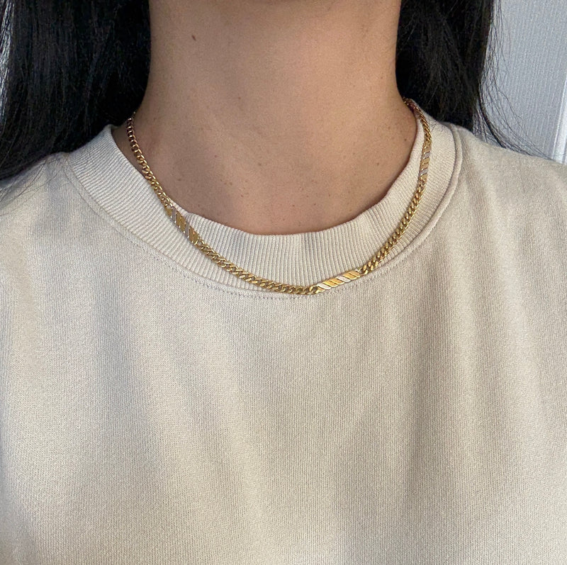 Vintage 18K Bicolor Gold Curb Station Chain, 17.5" Long