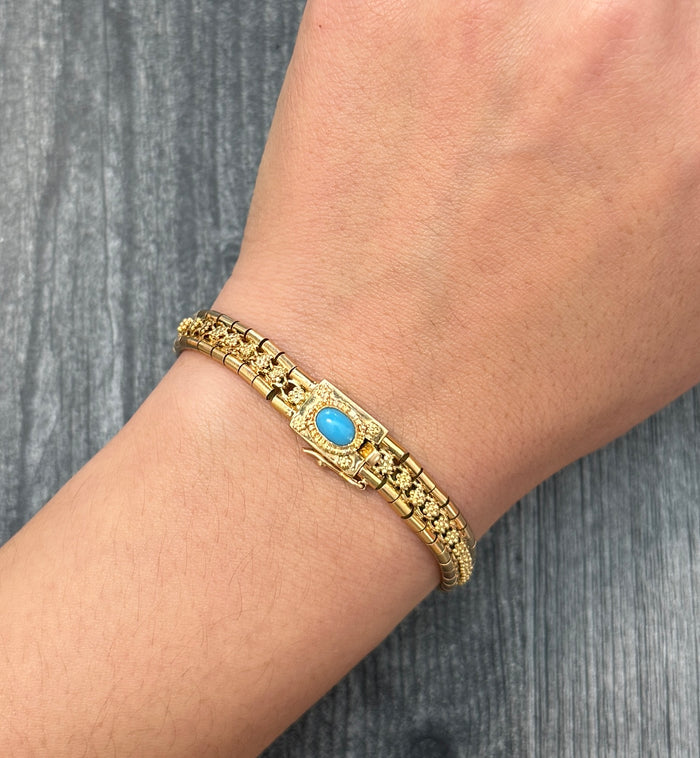 Vintage 18K Gold and Turquoise Colored Cabochon Stone Bracelet