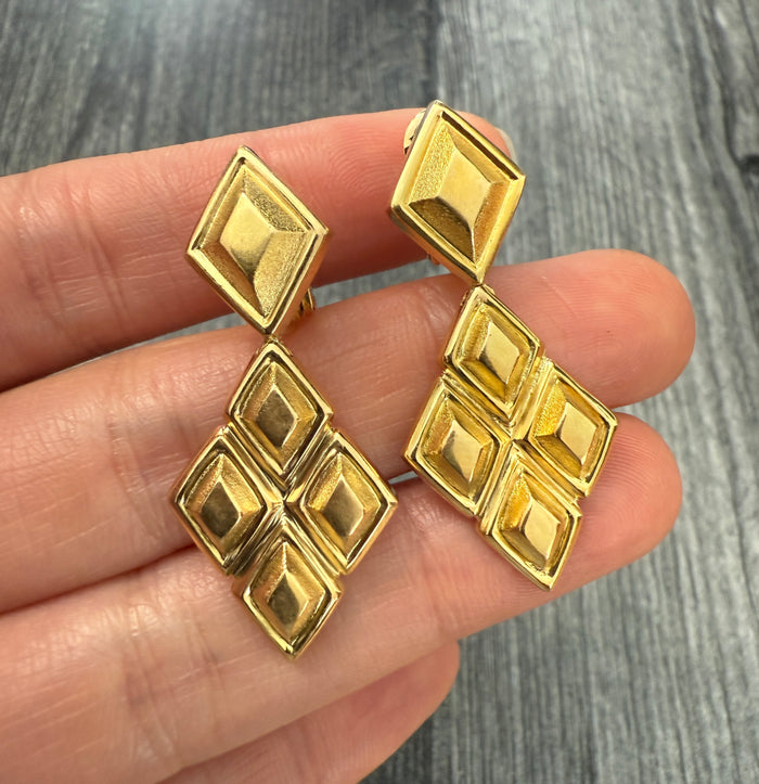 Greek 18K Gold Diamond Shaped Dangle Earrings