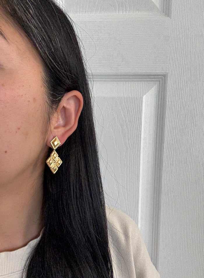 Greek 18K Gold Diamond Shaped Dangle Earrings