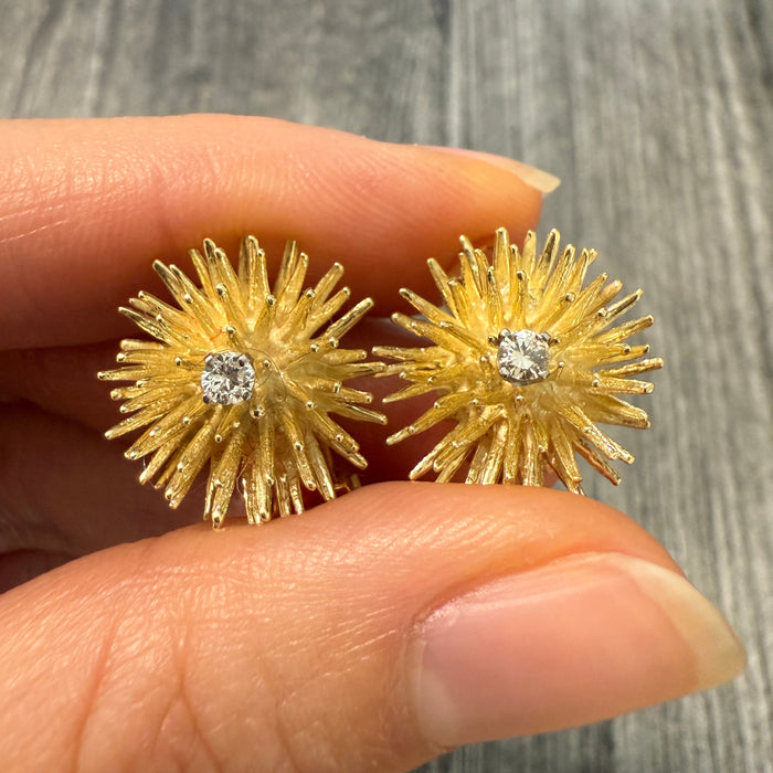 Vintage Diamond and 18K Gold Spiky Starburst Ear Clips