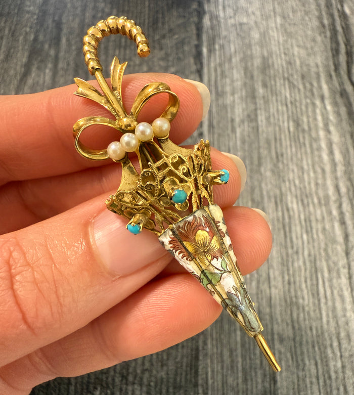 Vintage 18K Gold Turquoise & Pearl Umbrella Brooch