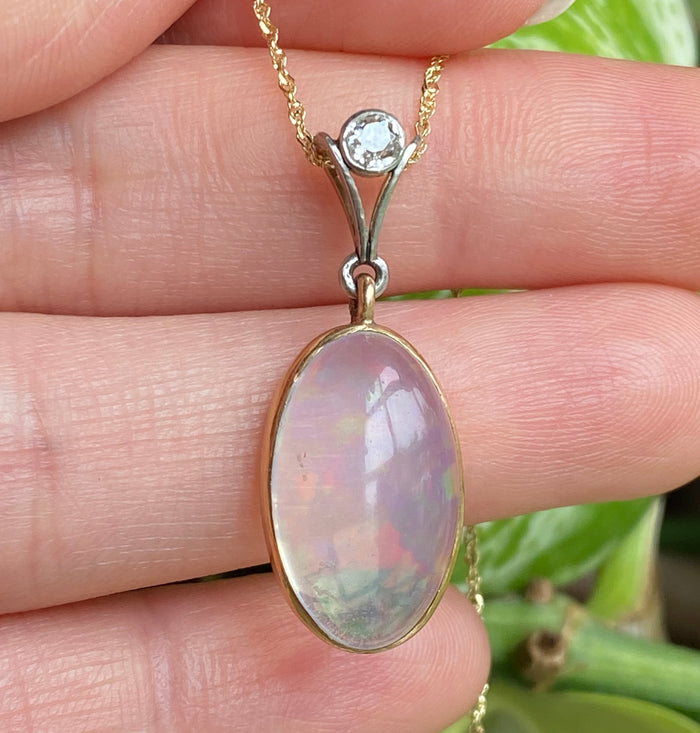 Vintage Jelly Opal and Diamond Platinum Pendant