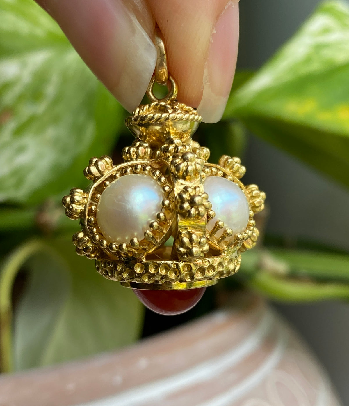 Vintage Carnelian, Pearl, 18K Gold Etruscan Revival Charm