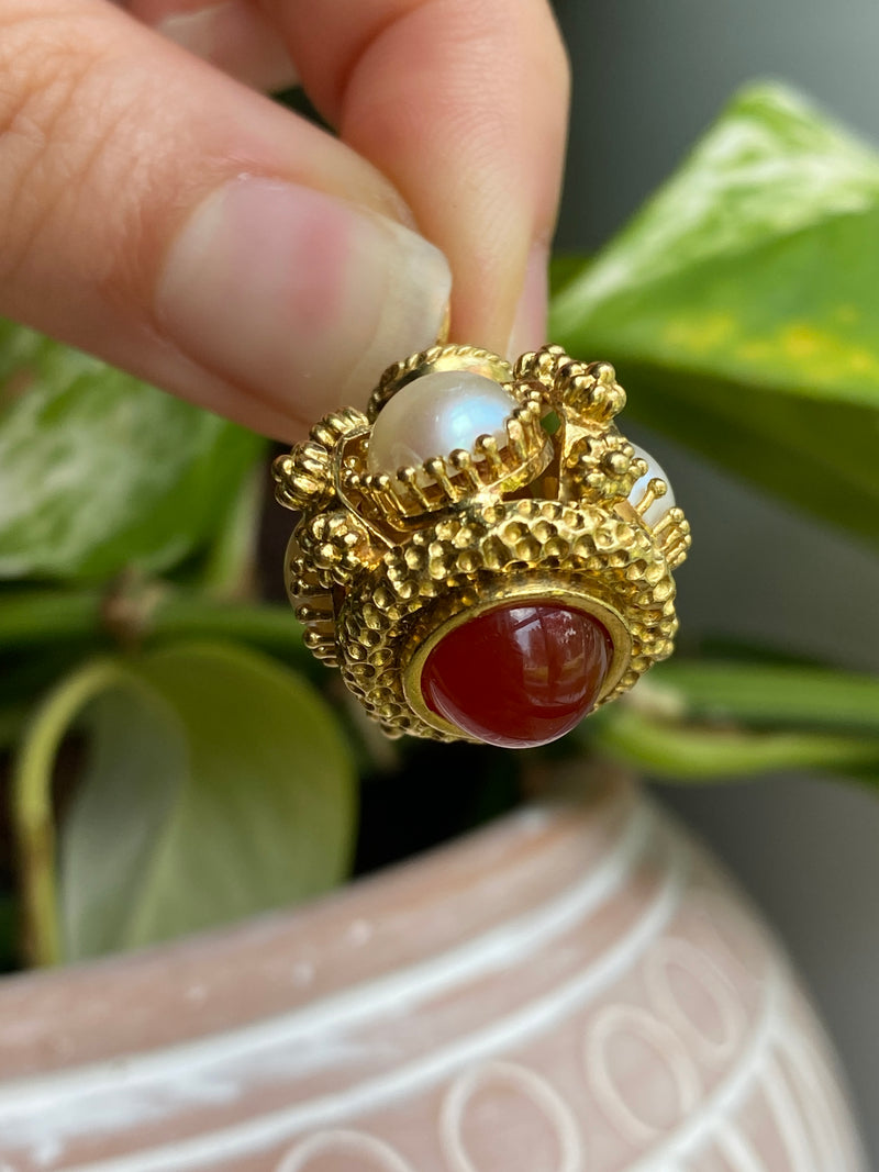 Vintage Carnelian, Pearl, 18K Gold Etruscan Revival Charm