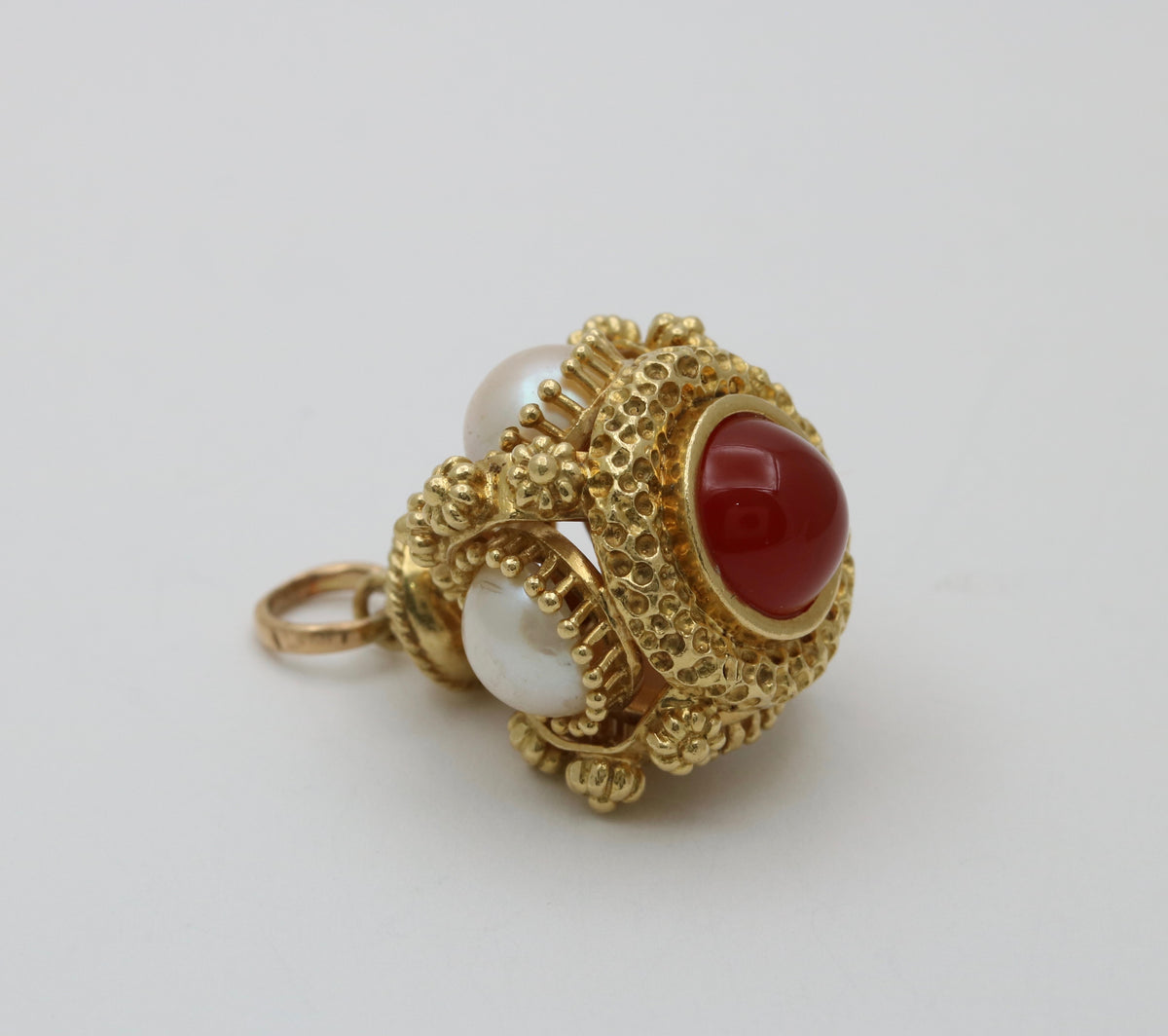 Vintage Carnelian, Pearl, 18K Gold Etruscan Revival Charm