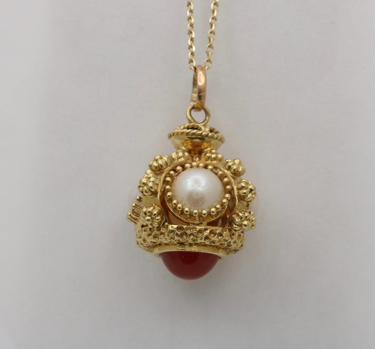 Vintage Carnelian, Pearl, 18K Gold Etruscan Revival Charm