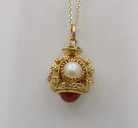 Vintage Carnelian, Pearl, 18K Gold Etruscan Revival Charm