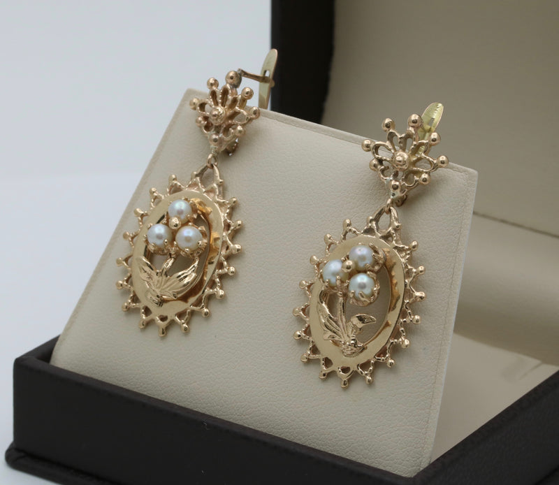 Vintage Forget Me Not Flower 14K Gold Dangle Earrings