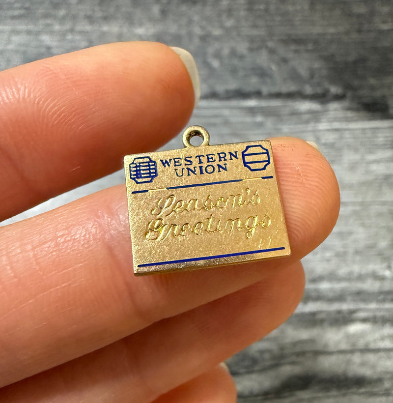 Vintage Enamel Western Union Telegram 14K Gold Charm