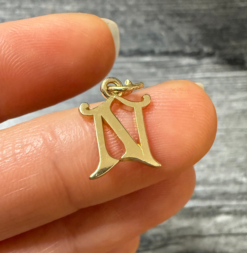 Initial "N" Gothic Style Font 10K Gold Charm (S)