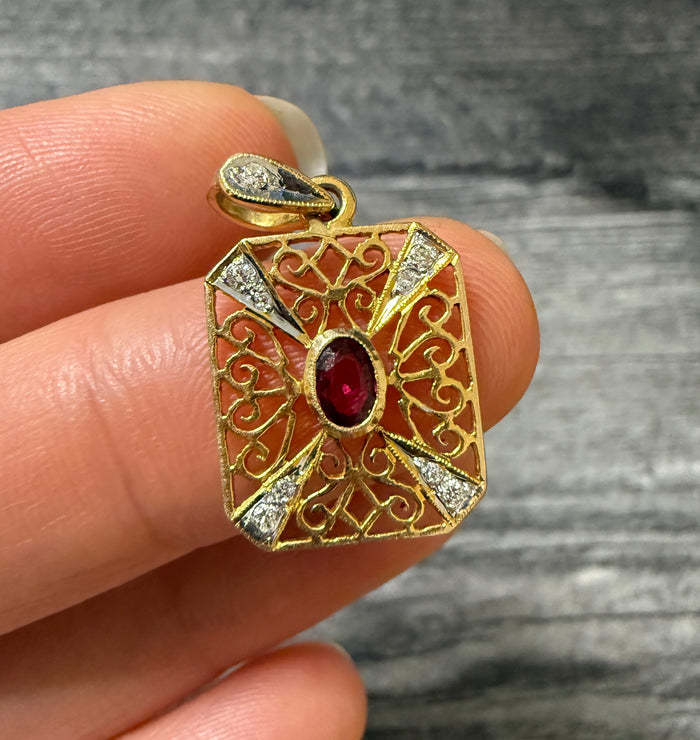 Vintage Ruby and Diamond Lacework Pendant in 14K Gold