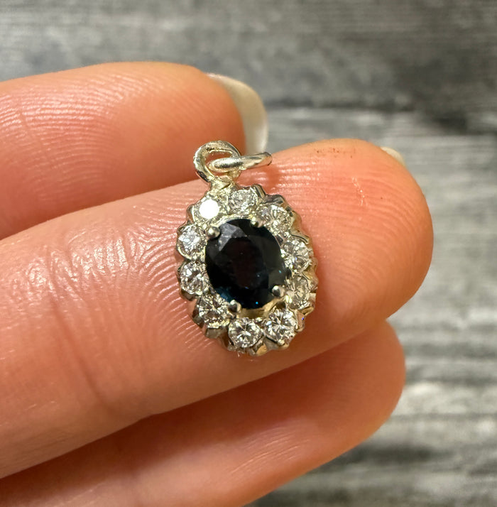 Sapphire and Diamond Halo Pendant in 14K White Gold