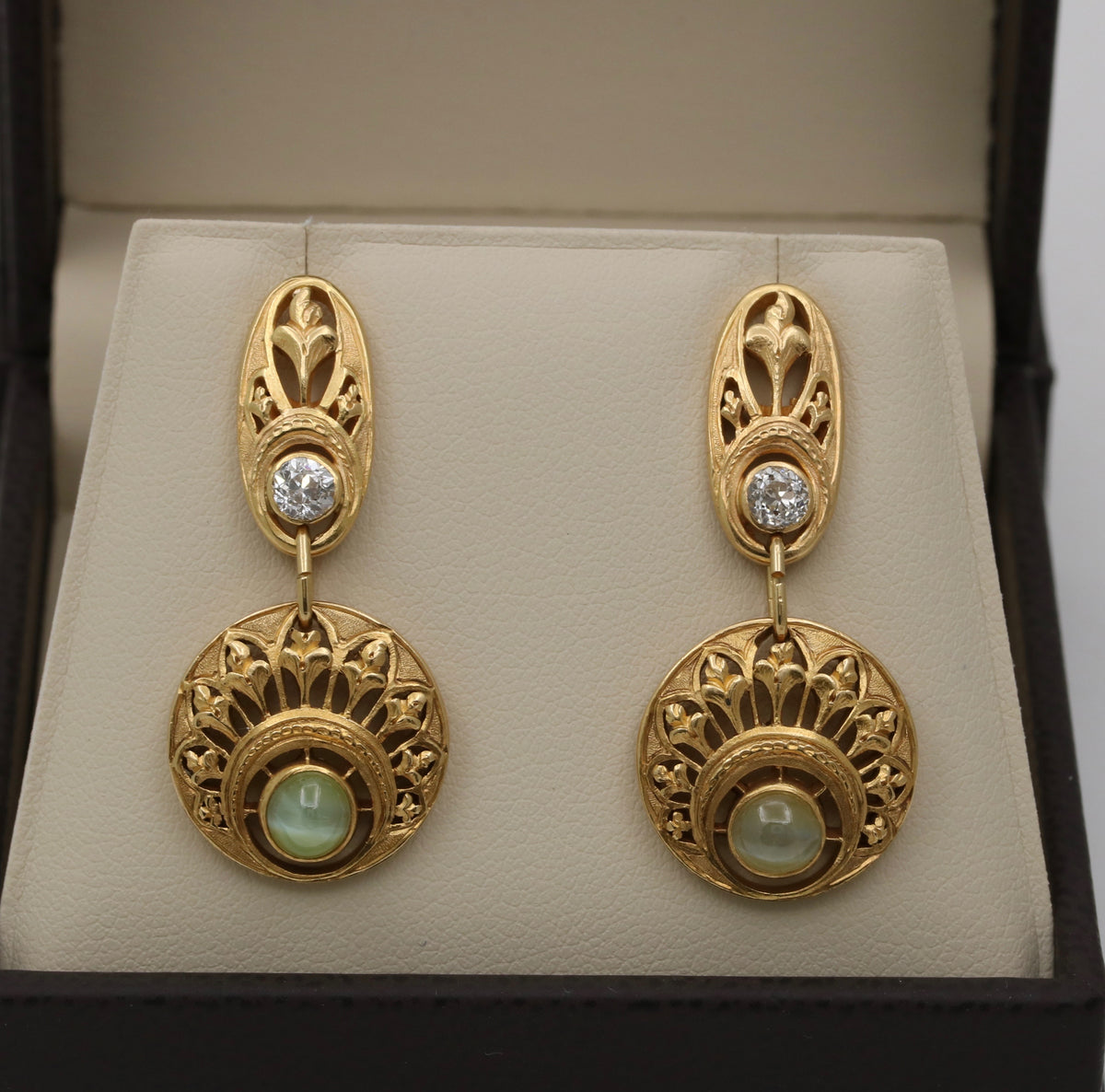Art Nouveau Cat’s Eye, Diamond, and 18K Gold Dangling Earrings
