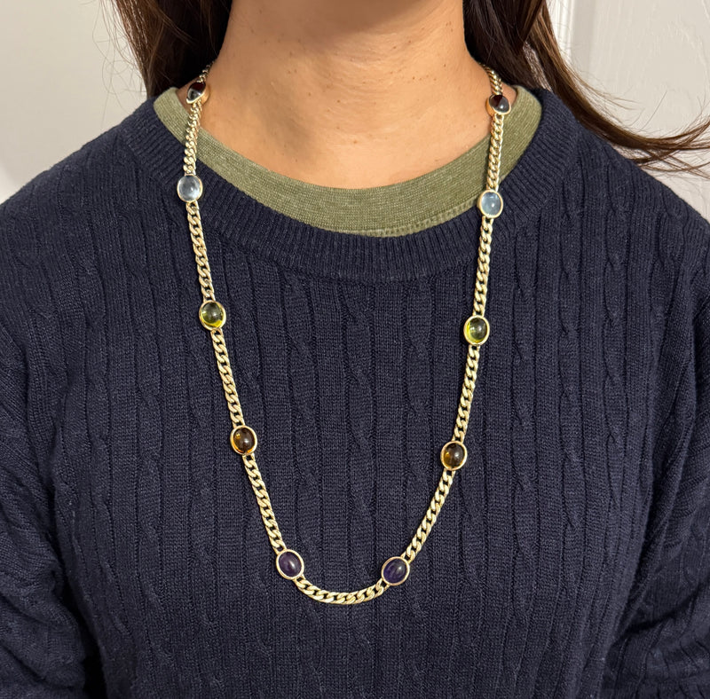 Vintage Multicolor Cabochon Gemstone Station Curb Link Chain, 29.5" Long (A)