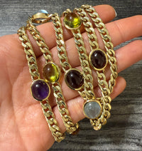 Vintage Multicolor Cabochon Gemstone Station Curb Link Chain, 29.5" Long (A)