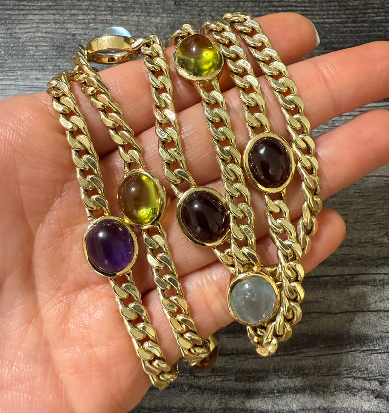 Vintage Multicolor Cabochon Gemstone Station Curb Link Chain, 29.5" Long (A)