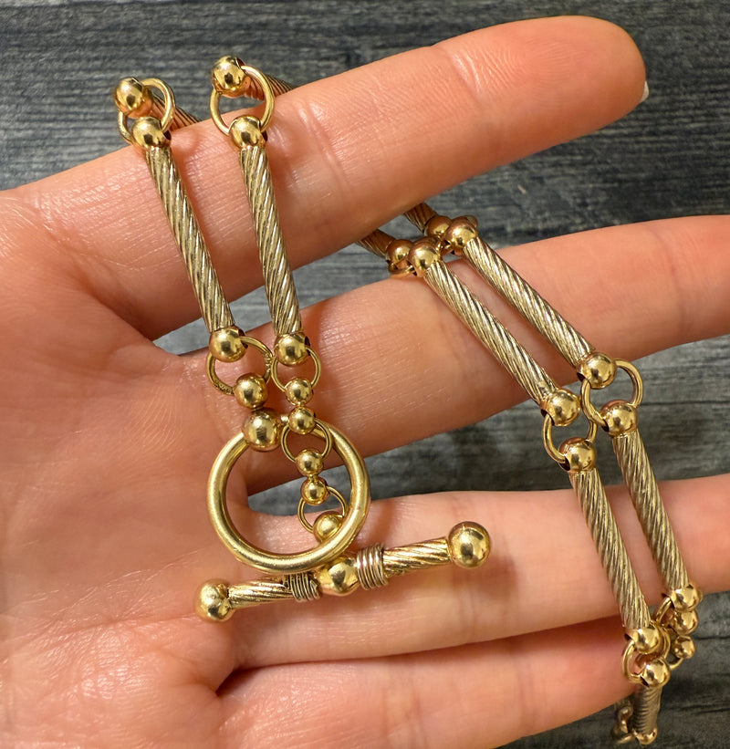 Vintage Bicolor Cylindrical Bar Link Toggle Necklace, 17" Long (A)