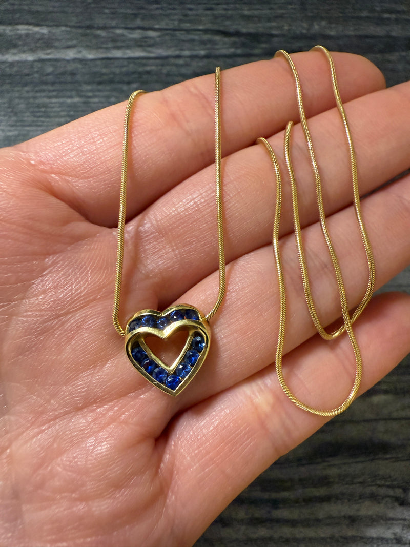 Sapphire Heart and 18K Gold Snake Chain