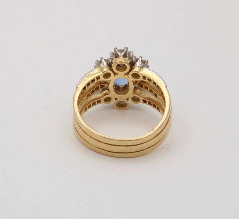 French 1.6 Ct Sapphire and Diamond 18K Gold Triple Row Ring