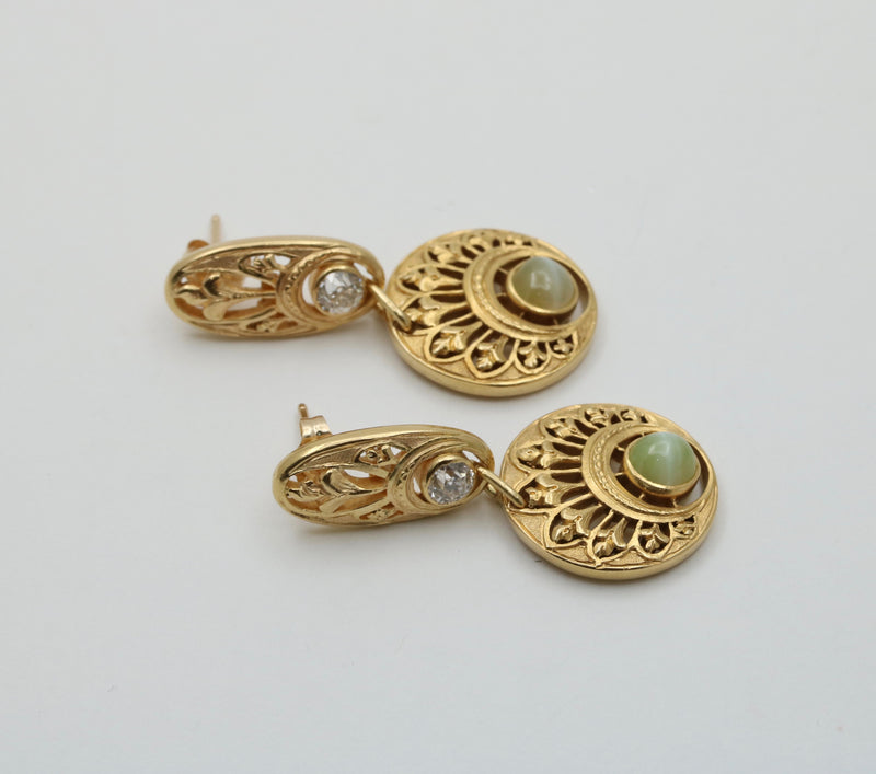 Art Nouveau Cat’s Eye, Diamond, and 18K Gold Dangling Earrings