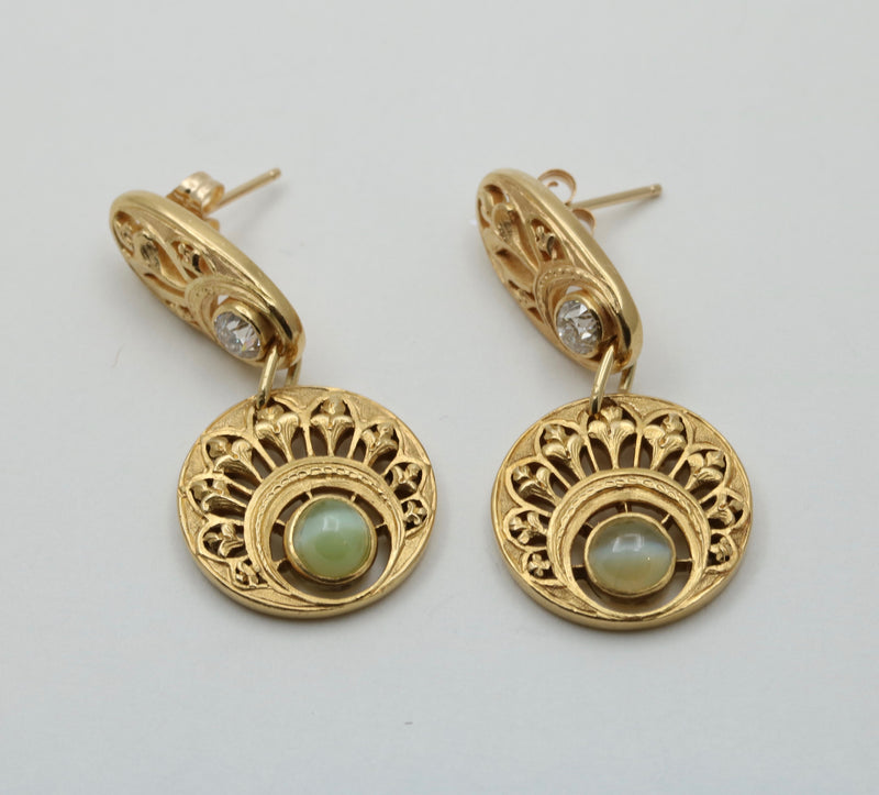 Art Nouveau Cat’s Eye, Diamond, and 18K Gold Dangling Earrings