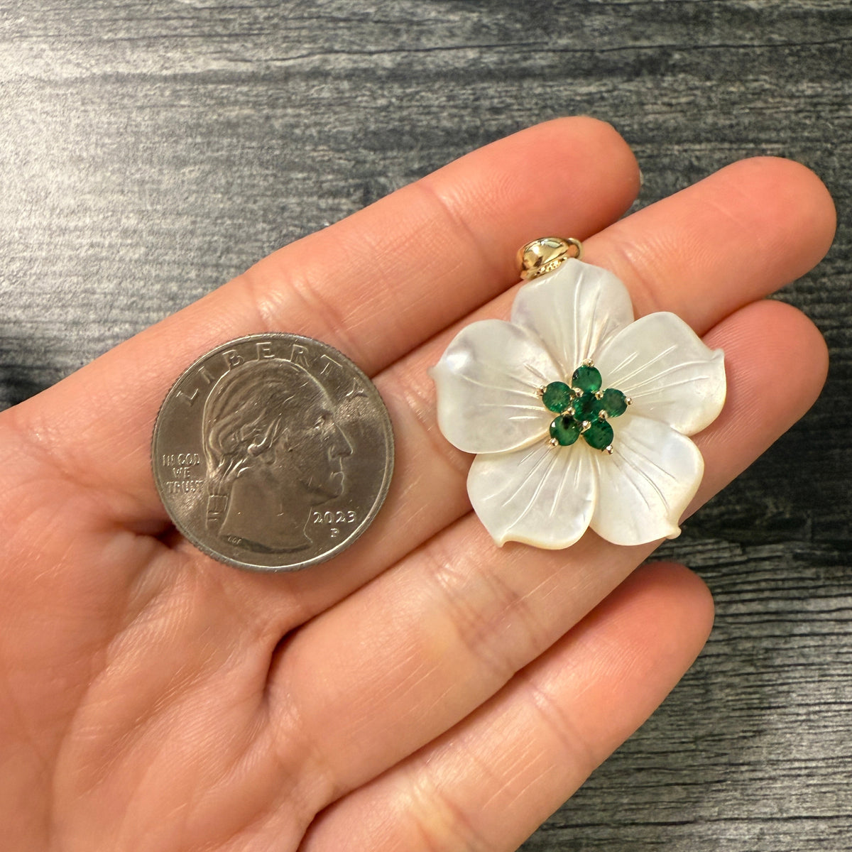 Carved Mother of Pearl Flower Pendant with Emeralds