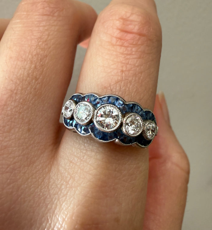 Art Deco Style 5 Stone Diamond Ring with Calibre Cut Sapphires (W)