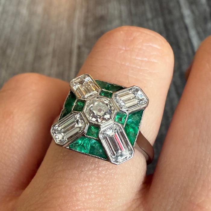 Old Cut Diamond and Calibre Cut Emerald Ring in Platinum