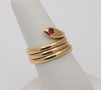Vintage 18K Gold and Ruby Coiled Snake Ring, Size 9.25