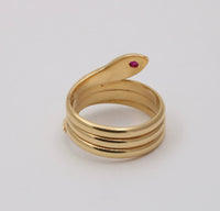 Vintage 18K Gold and Ruby Coiled Snake Ring, Size 9.25