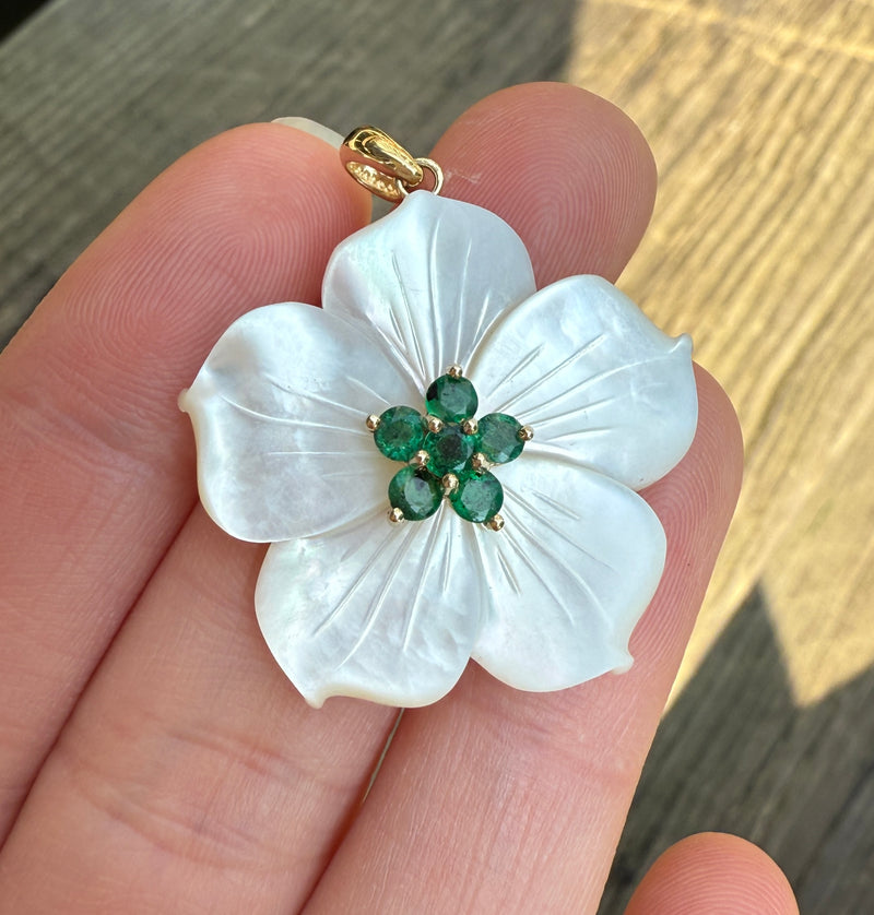 Carved Mother of Pearl Flower Pendant with Emeralds