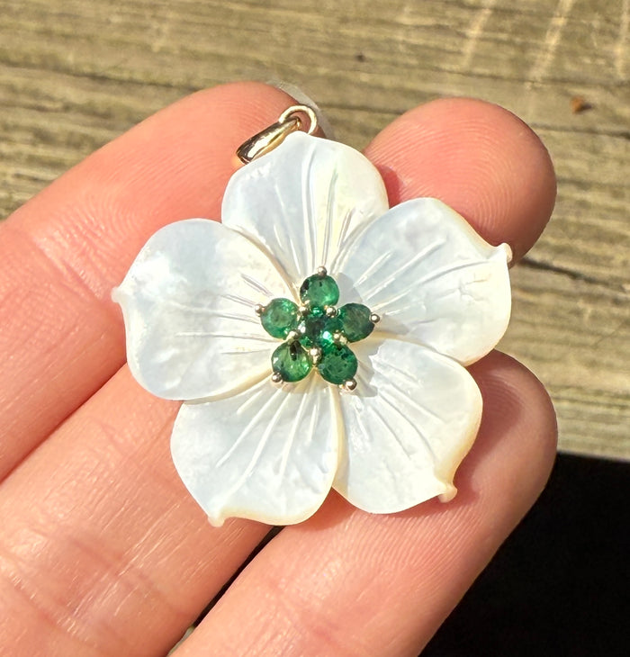 Carved Mother of Pearl Flower Pendant with Emeralds