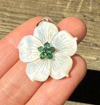 Carved Mother of Pearl Flower Pendant with Emeralds