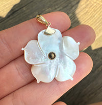 Carved Mother of Pearl Flower Pendant with Emeralds
