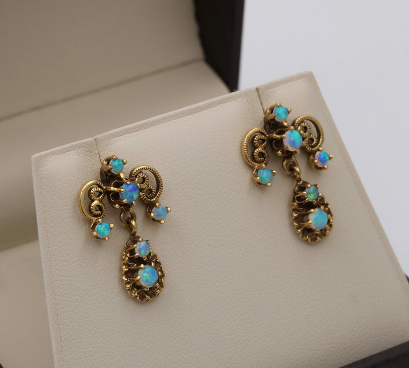 Vintage Opal and 14K Gold Scrolled Dangling Earrings