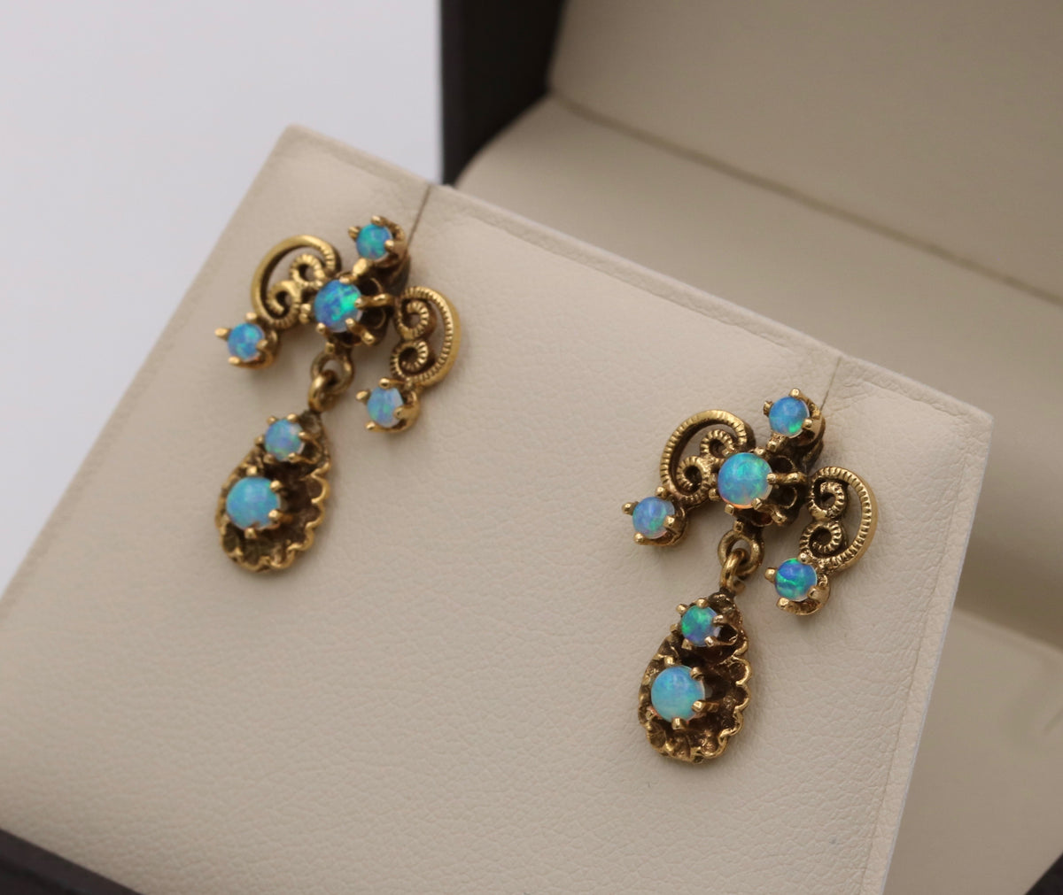 Vintage Opal and 14K Gold Scrolled Dangling Earrings