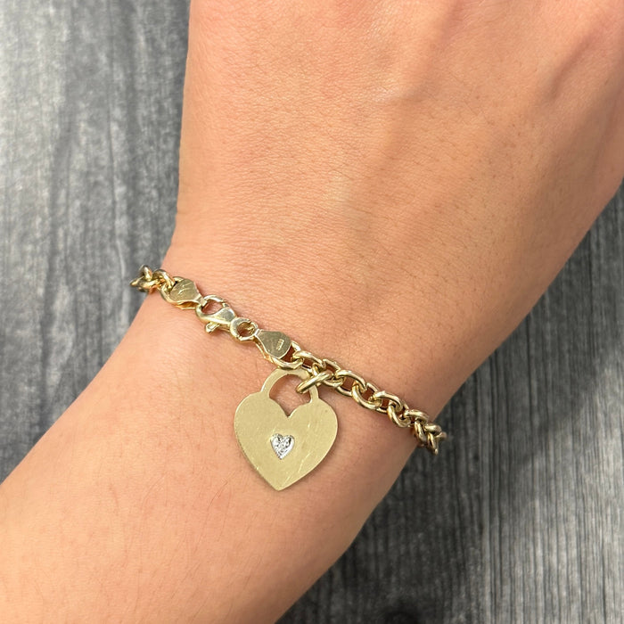 Vintage 10K Gold Cable Link Bracelet with Diamond Heart Charm