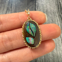 Handcarved Carved Boulder Opal Leaf Pendant in 14K Gold