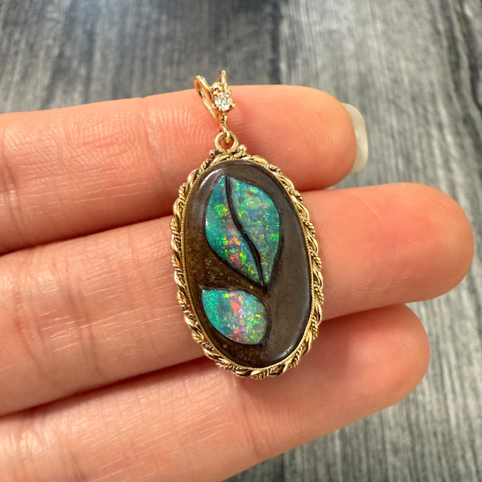 Handcarved Carved Boulder Opal Leaf Pendant in 14K Gold
