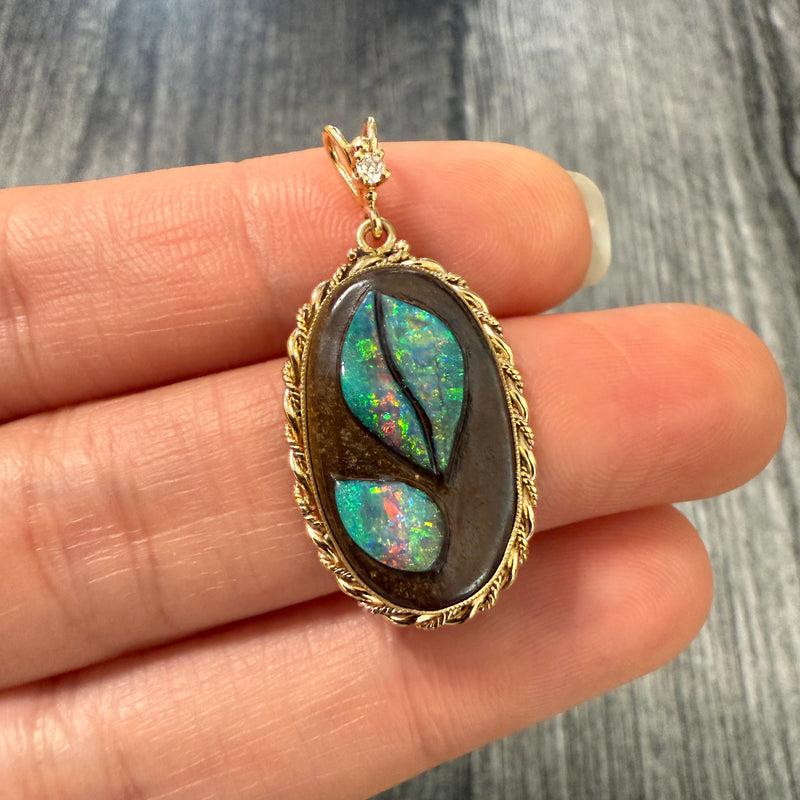 Handcarved Carved Boulder Opal Leaf Pendant in 14K Gold