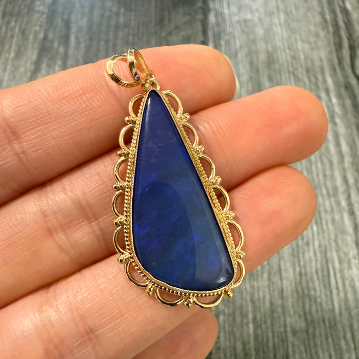 Carved Blue Boulder Opal and 14K Gold Pendant