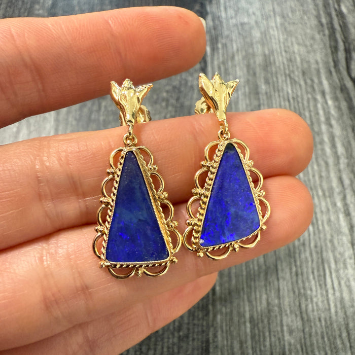 Carved Blue Boulder Opal and 14K Gold Earrings