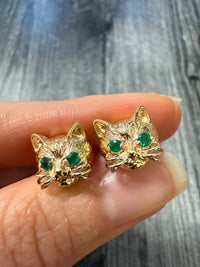 Vintage Emerald and 14K Gold Kitty Cat Stud Earrings