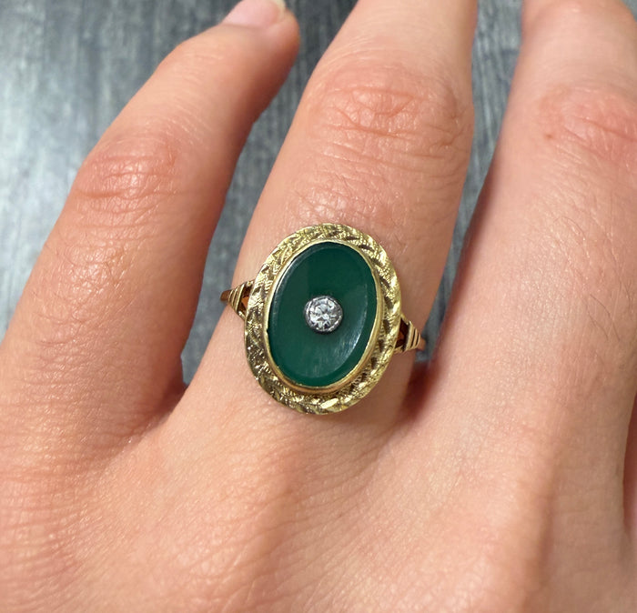 Art Deco Green Onyx and Paste Ring in 14K Gold
